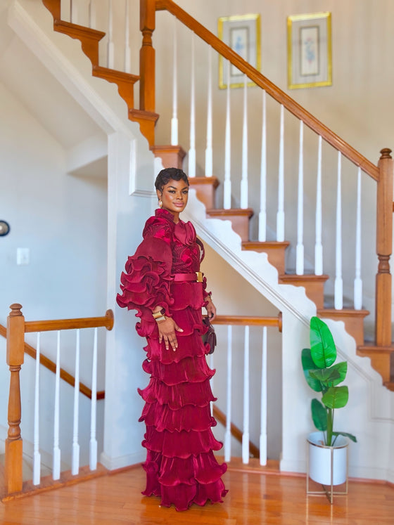Burgundy Royal Ruffle Couture Gown