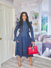 Structured Ruffle Denim Midi Dress