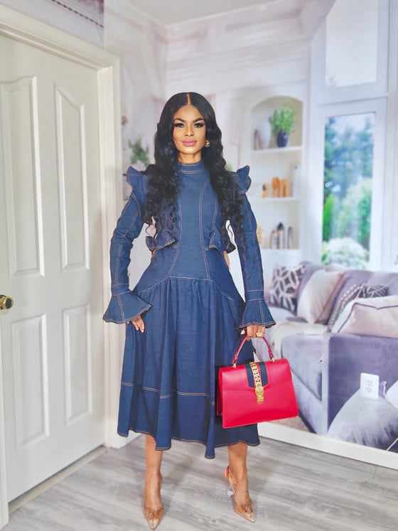 Structured Ruffle Denim Midi Dress