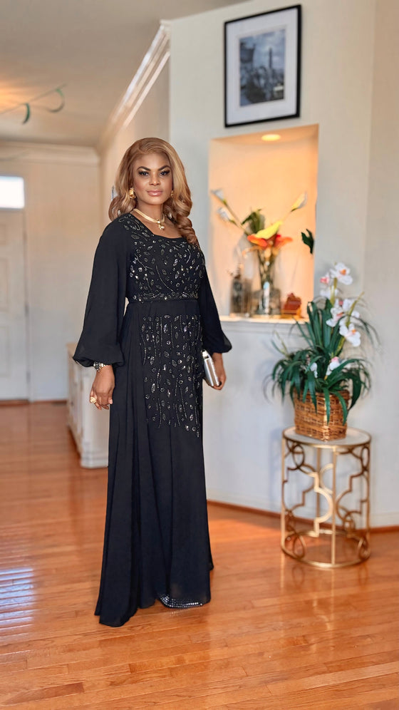 Rhinestone-Belted Long sleeve maxi dress(BLACK)