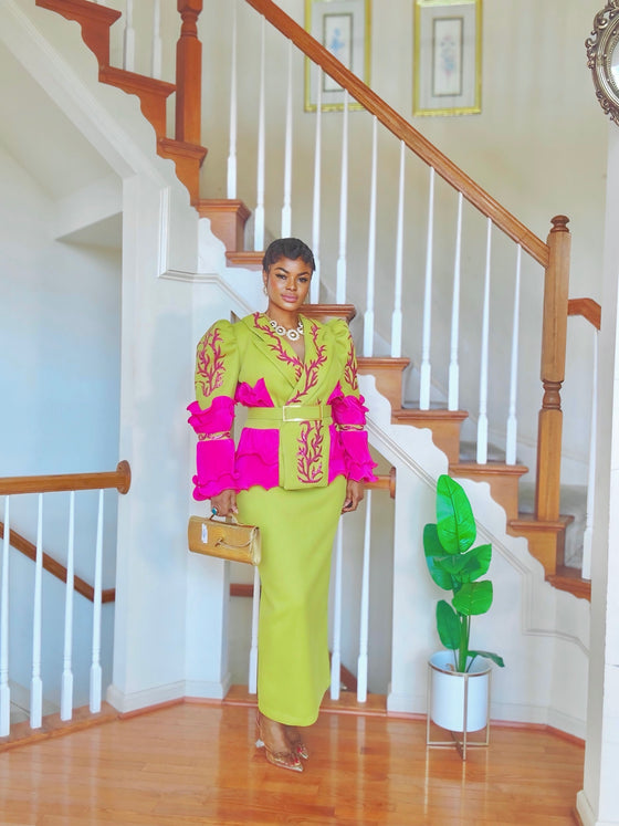Lime & Fuchsia Rhinestone Couture Puff Sleeve Skirt Set