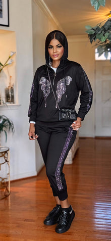  Butterfly rhinestone joggers hoddie pant set(BLACK)