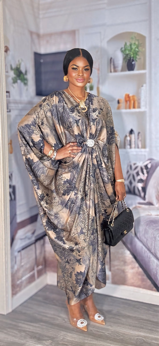 Imperial Luxe Satin Kaftan Dress(Deep blue/gold)