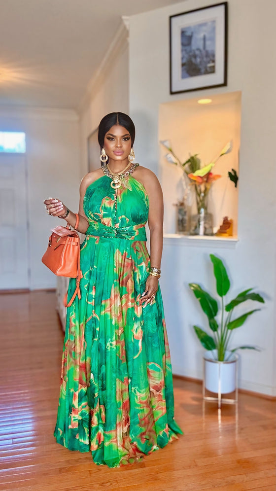 🌿 Green Beaded Halter Maxi Dress