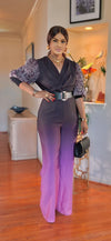 RHINESTONE SHORT SLEEVED BELTED JUMPSUIT(purple)