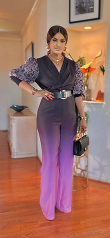  RHINESTONE SHORT SLEEVED BELTED JUMPSUIT(purple)