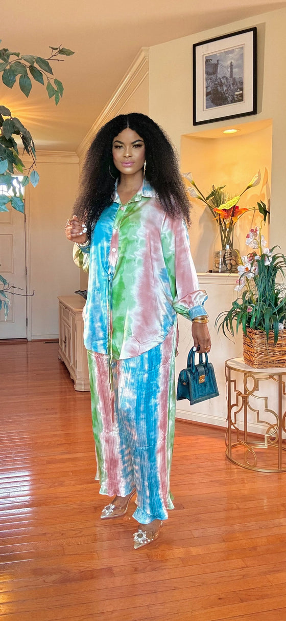 Green Front button-belt top/palazzo pant(PREORDER)