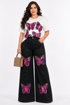 Butterfly Bliss Denim Palazzo Set(Black)