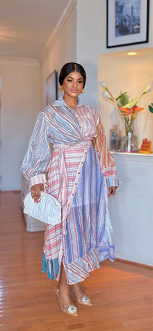  Multi Stripe Elegance Belted Midi Dress