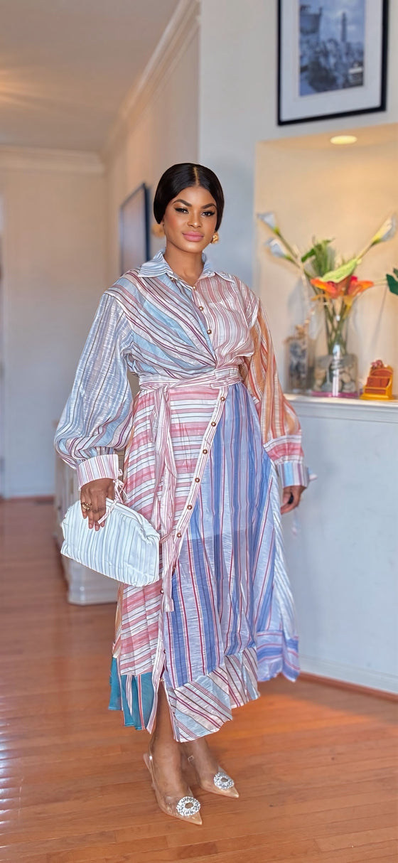 Multi Stripe Elegance Belted Midi Dress