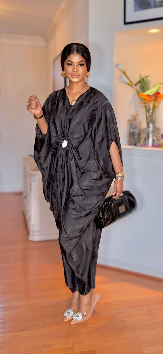 Imperial Luxe Satin Kaftan Dress(Black)