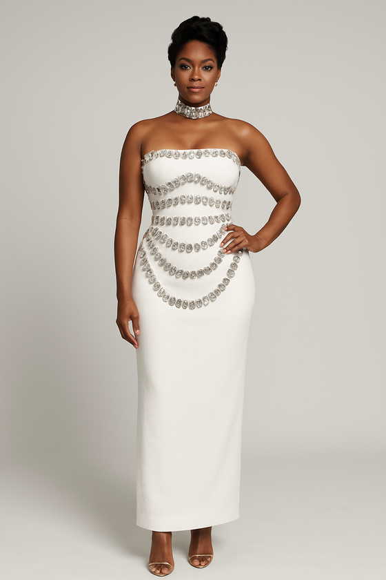 Crystal Glam Strapless Bodycon Dress(White)