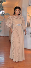 RUCHING BELTED MAXI DRESS(TAN)