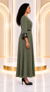 Savannah Grace Animal-Print Trim Maxi Dress(Olive)