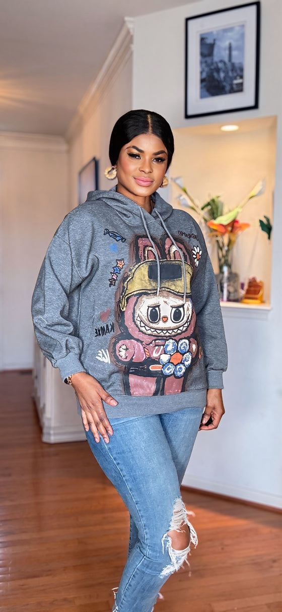 Graffiti Bunny Street Style Hoodie sweatshirt (Gray)