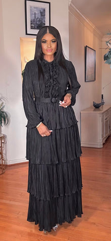  BELTED RUFFLE LONGSLEEVE MAXI DRESS(BLACK)