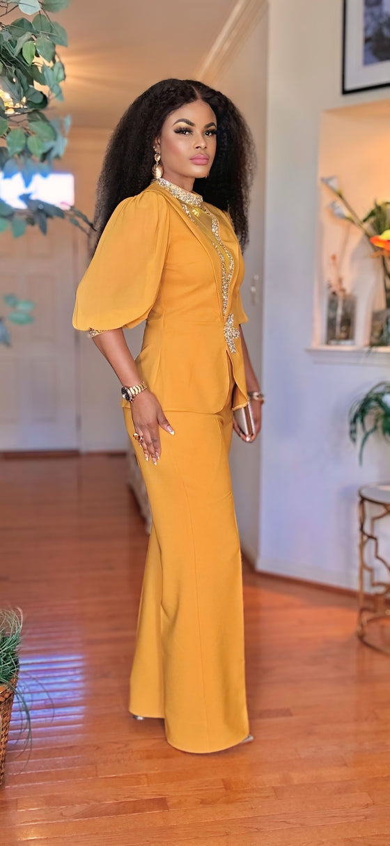 SHORTSLEEVED RHINESTONE PALAZZO PANT SET(MUSTARD)