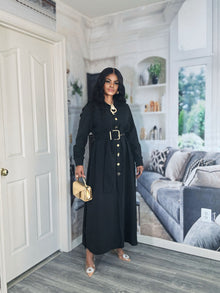  Elegant Button-Down Belted Maxi Dress (Black)