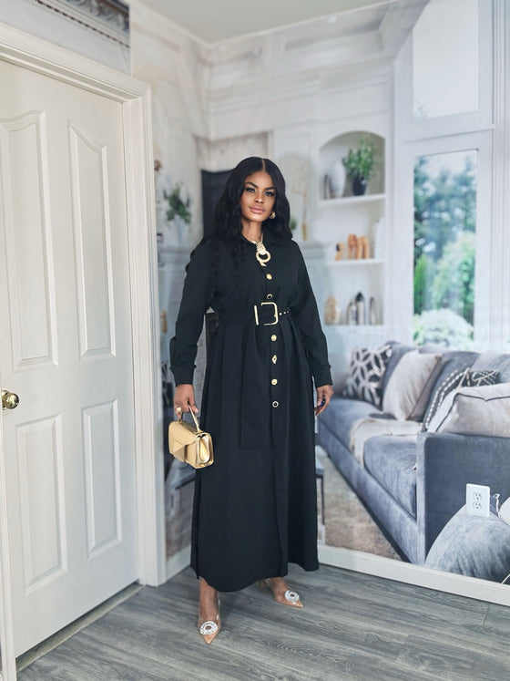 Elegant Button-Down Belted Maxi Dress (Black)