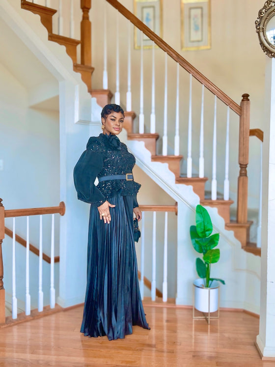 Black Luxe Sequin Peplum Pleated Skirt Set