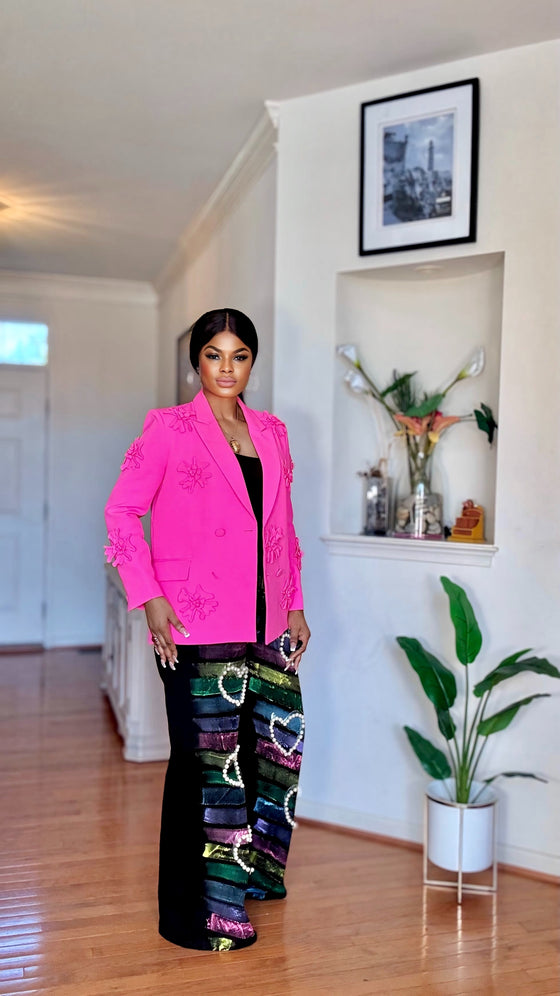 Bold Pink 3D Floral Embellished Blazer Jacket(PREORDER ONLY)
