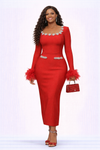 Royal Feather Jewel Bandage Midi Dress(Red)