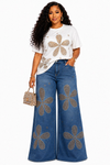 Golden Bloom Rhinestone Denim Pant Set