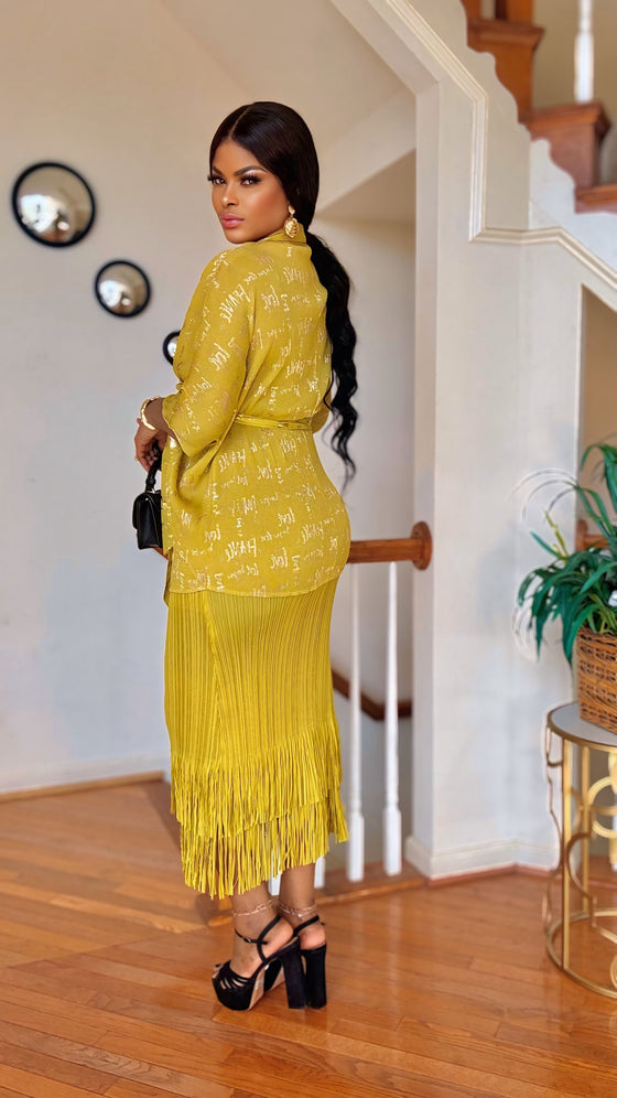 FRINGE MIYAKI BELTED SKIRT SET(LEMON-YELLOW)