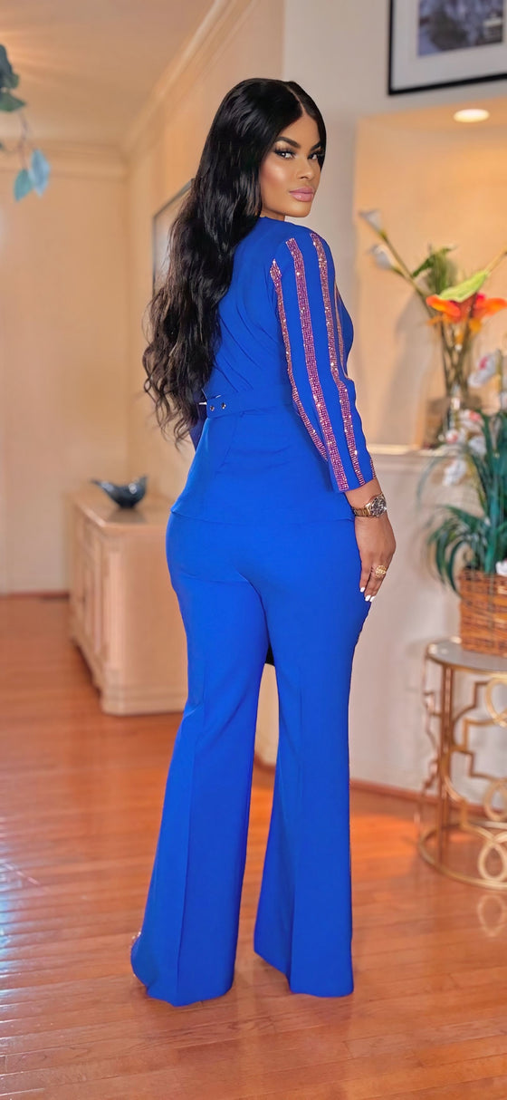 RHINESTONE 2PIECE PALAZZO PANT SET(ROYAL BLUE)