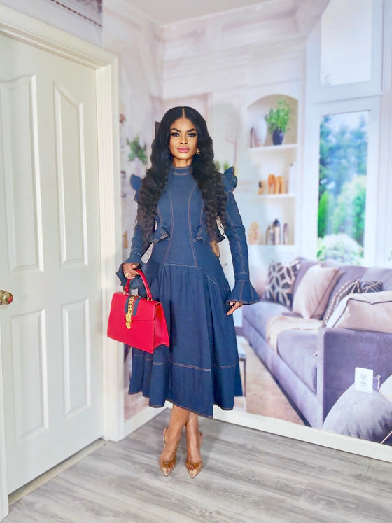 Structured Ruffle Denim Midi Dress