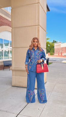  Gemstone Royalty  palazzo Denim pant Set(Blue)