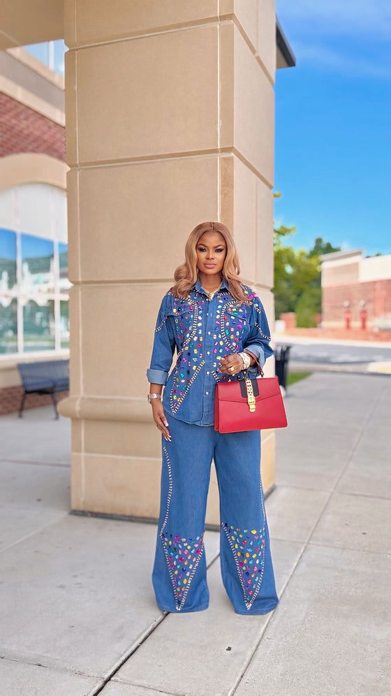 Gemstone Royalty  palazzo Denim pant Set(Blue)