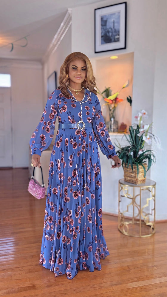 FLORAL BELTED LONGSLEEVE MAXI DRESS(Pink-Blue)