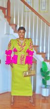 Lime & Fuchsia Rhinestone Couture Puff Sleeve Skirt Set