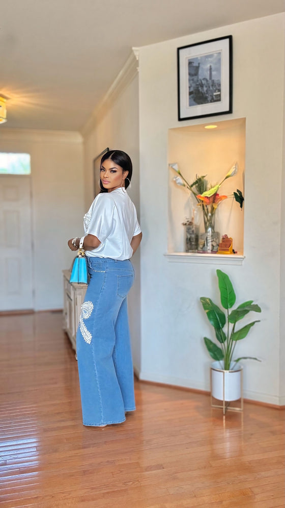 2 PIECE Pearl Bow Rhinestone Denim Set(white/blue)