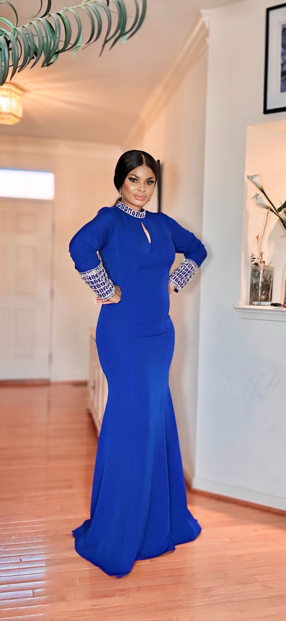 LONG-SLEEVE GEMSTONE FLOORLENGHT MAXI DRESS(ROYAL-BLUE)