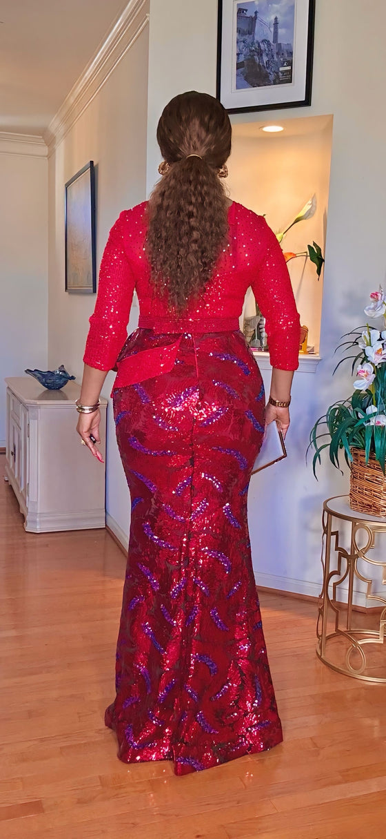 COUTURE SEQUINS FLOOR LENGTH MAXI DRESS(RED)