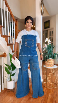  SHORT SLEEVES TOP-DENIM PALAZZO PANT SET