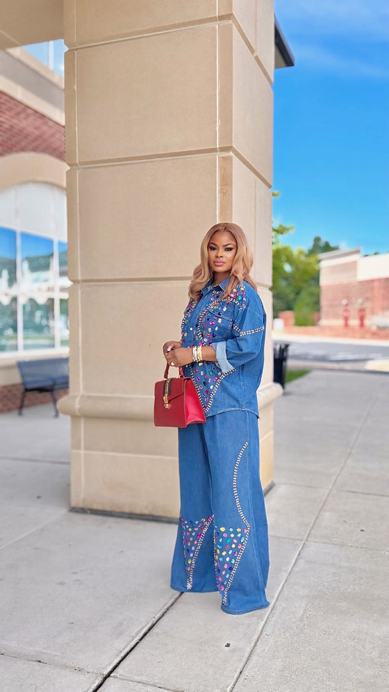 Gemstone Royalty  palazzo Denim pant Set(Blue)