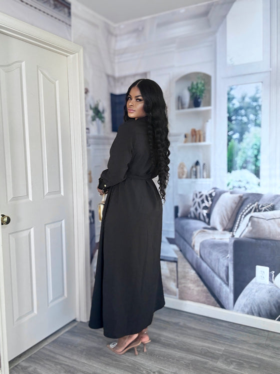 Elegant Button-Down Belted Maxi Dress (Black)