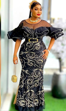  Black/Gold Royal Ruffle Couture Maxi Dress