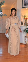 RUCHING BELTED MAXI DRESS(TAN)