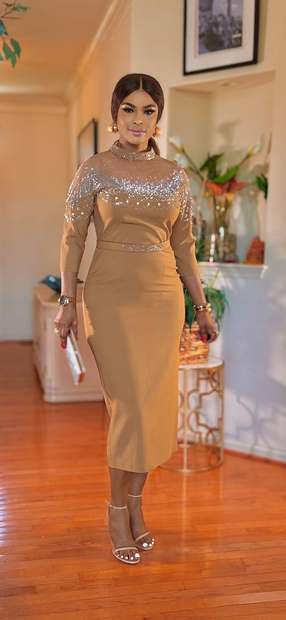 Rhinestone belted midi dress(Brown)