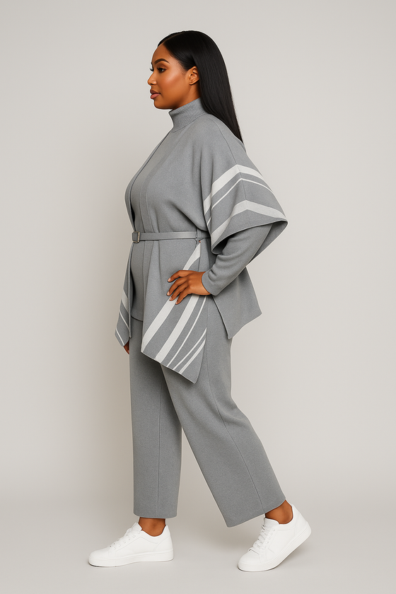Luxe Belted Knit 3-Piece Set – Gray Elegance