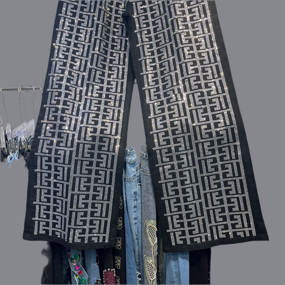 Crystal/ Rhinestone Wide-Leg Denim(Bottom)