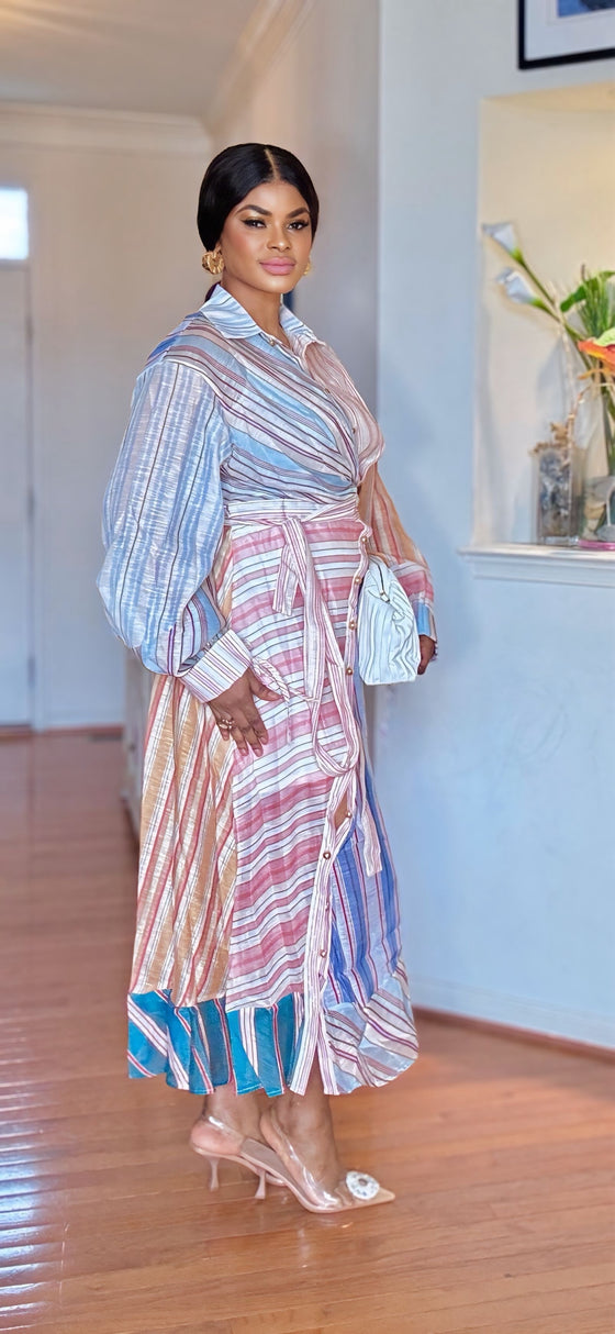 Multi Stripe Elegance Belted Midi Dress