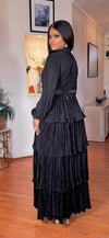 BELTED RUFFLE LONGSLEEVE MAXI DRESS(BLACK)