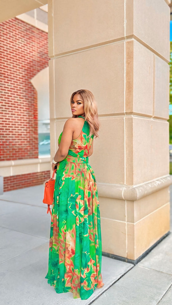 🌿 Green Beaded Halter Maxi Dress