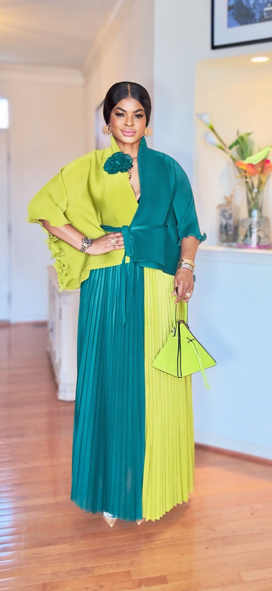 Two-Tone Royal MIYAKI Pleated Skirt Set 💛💚