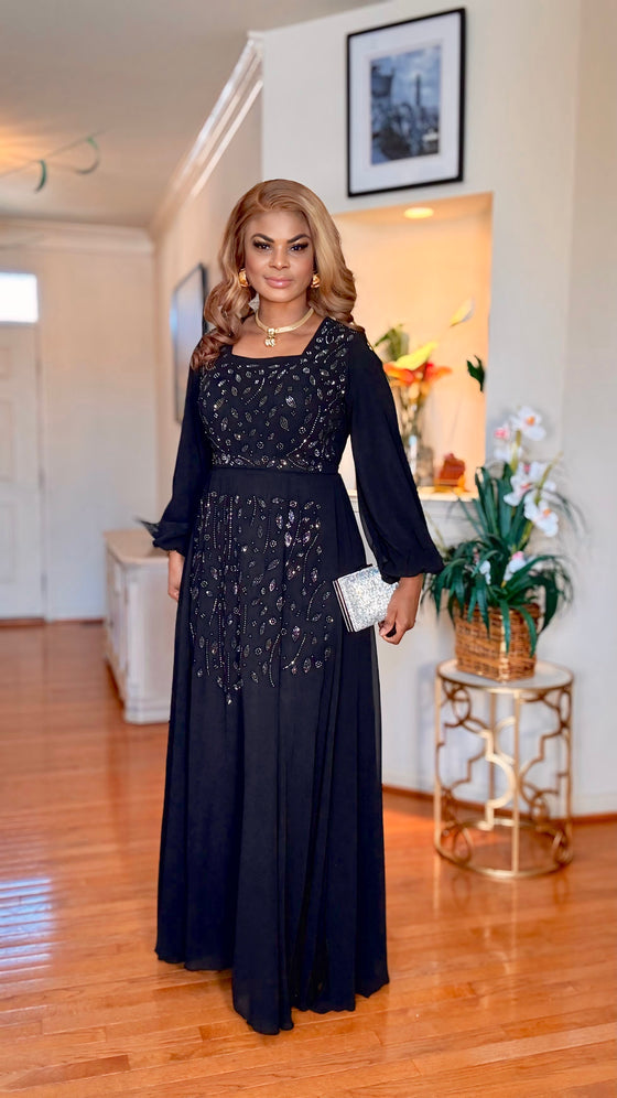 Rhinestone-Belted Long sleeve maxi dress(BLACK)